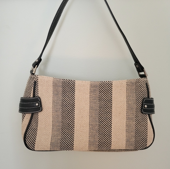 Etienne Aigner Linen Blend Small Shoulder Bag Striped Black Beige - Picture 6 of 14